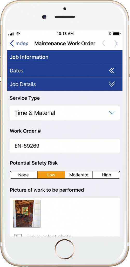 ProntoForms Maintenance Work Order form on an iPhone
