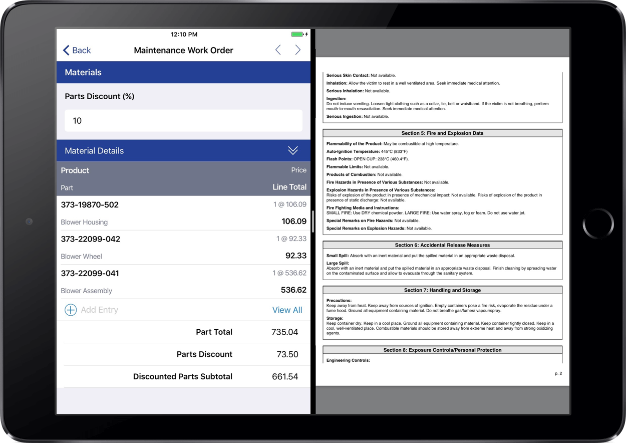 A screenshot of split screens on an iPad with the ProntoForms app on the left and a PDF on the right