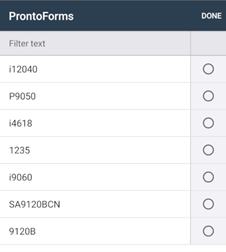 A screenshot of the ProntoForms app that shows how users choose options from a lookup question.